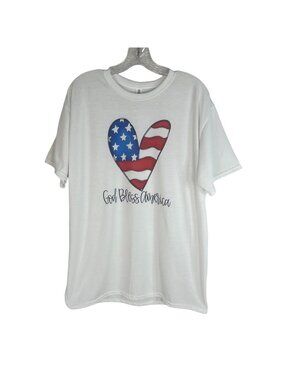 Jerzees Graphic Tshirt God Bless American Large White Patriotic Heart Flag‎